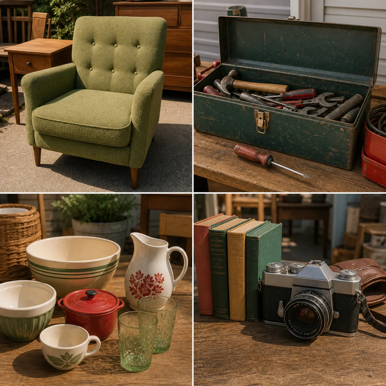A green armchair, toolbox, kitchenware, and vintage camera arranged for a yard sale.